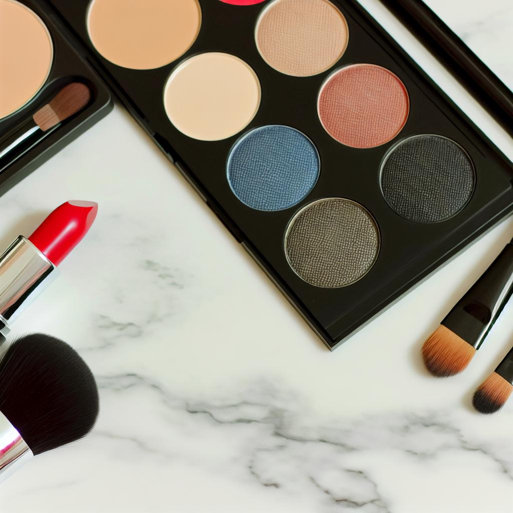 A collection of Ulta Beauty makeup products neatly arranged on a white marble countertop, including foundation, eyeshadow palette, brushes, and lipstick.