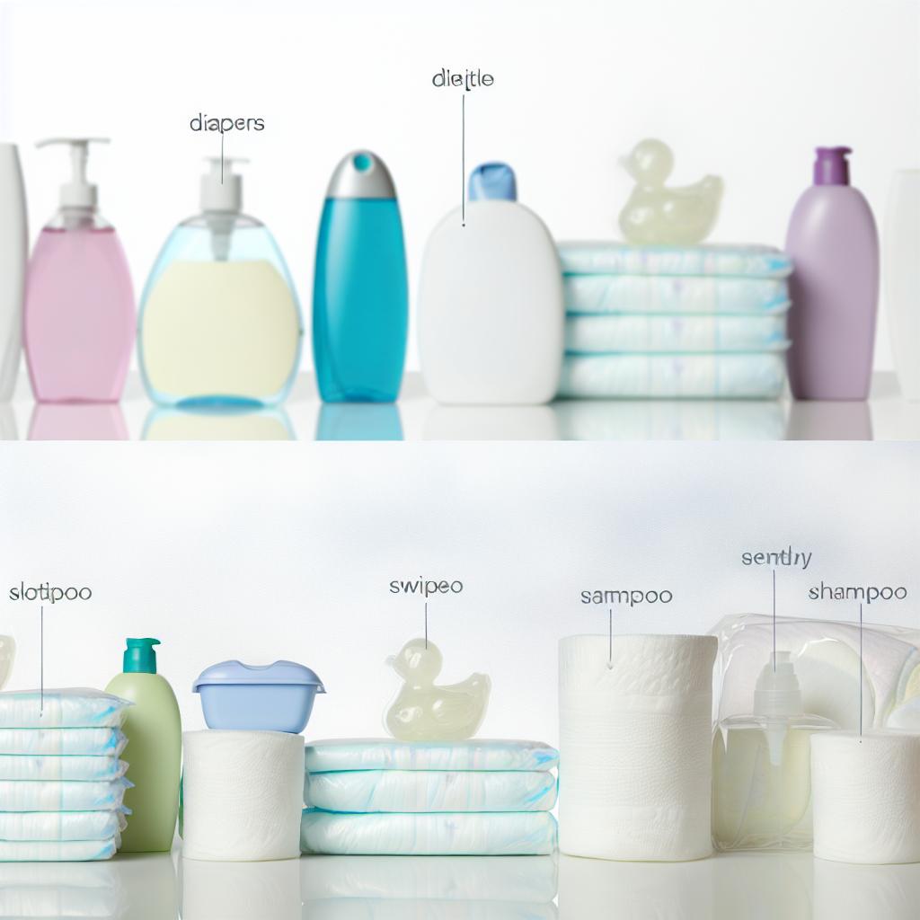 A collection of baby personal care essentials neatly arranged on a clean, organized surface. Items include diapers, wipes, lotion, baby shampoo, and other necessary products.
