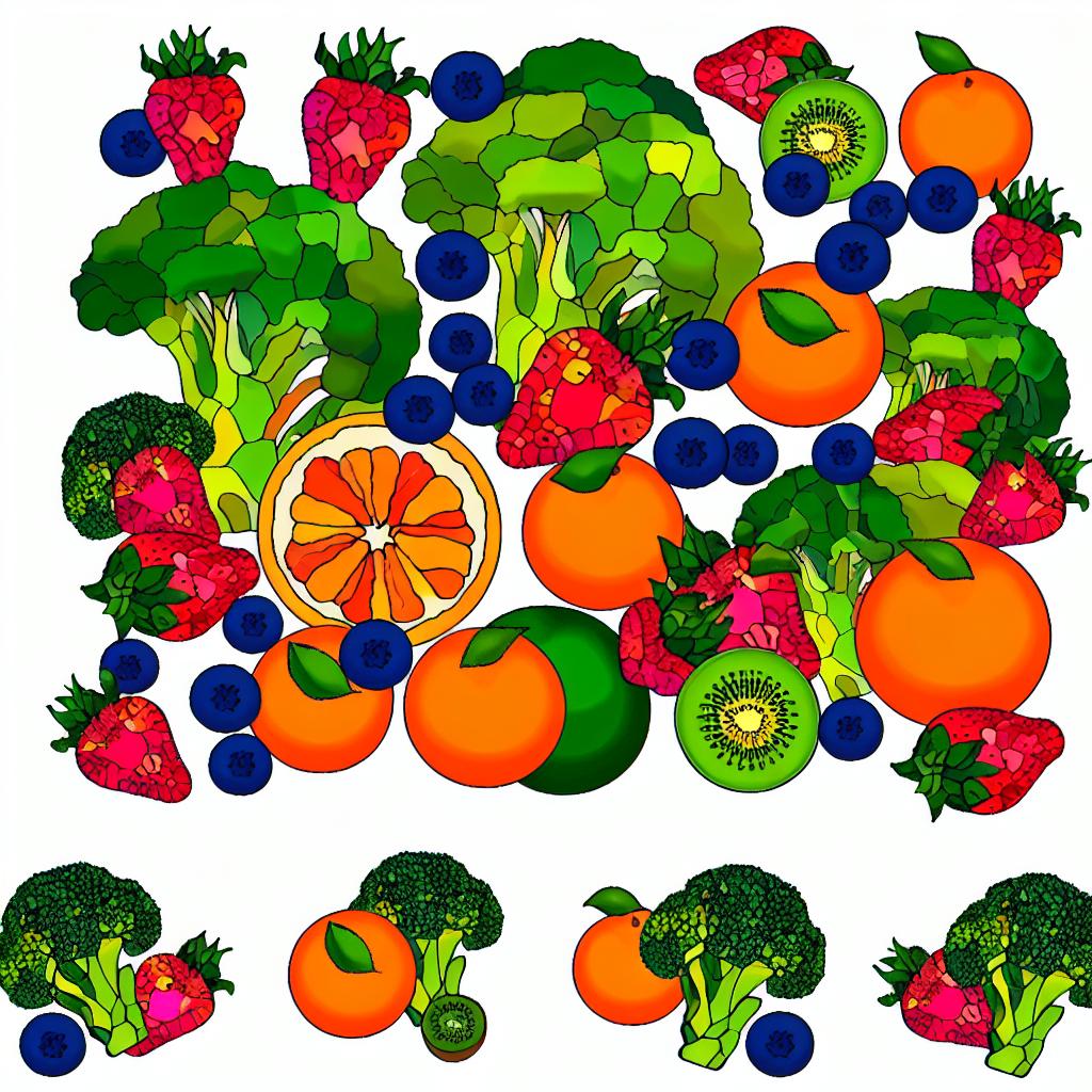 A colorful array of various fruits and vegetables, rich in vitamins, arranged in a protective shield formation.