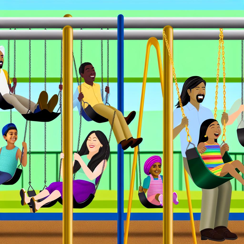 A colorful playground with multiple swings, some empty and some occupied by people of various shapes and sizes, swinging freely and happily.