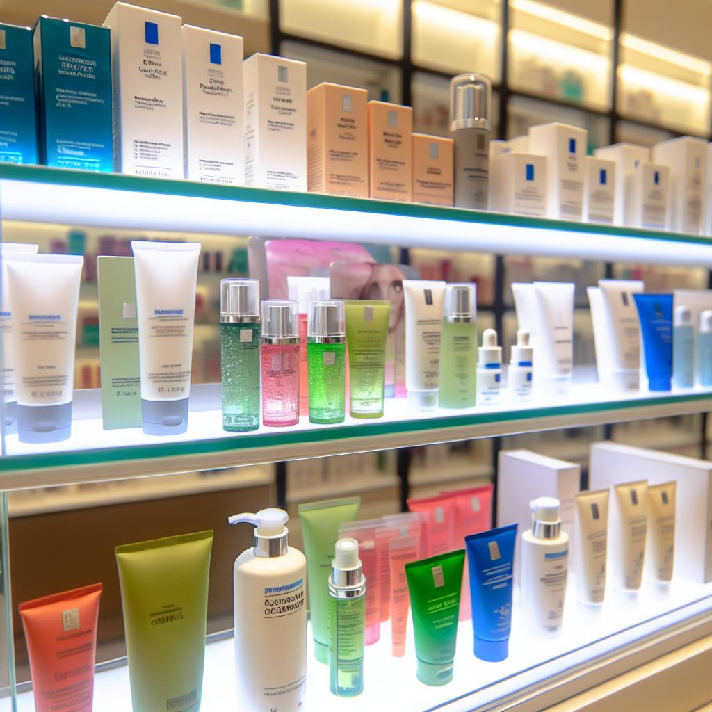 A display of various skincare products at Ulta, including cleansers, serums, and masks, all promising clear and flawless skin.