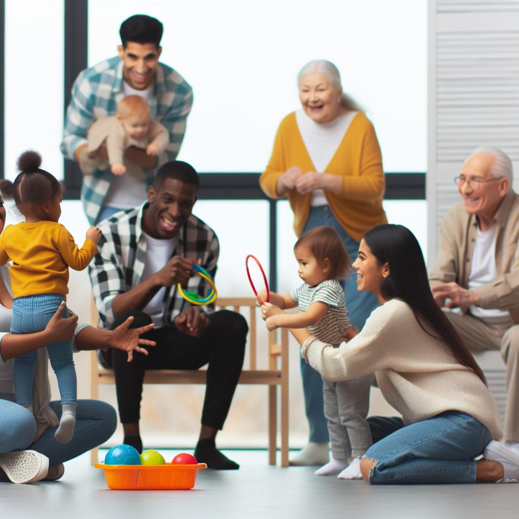 A family enjoying a variety of activities together, with toddlers playing, parents participating in games, and grandparents watching and smiling.