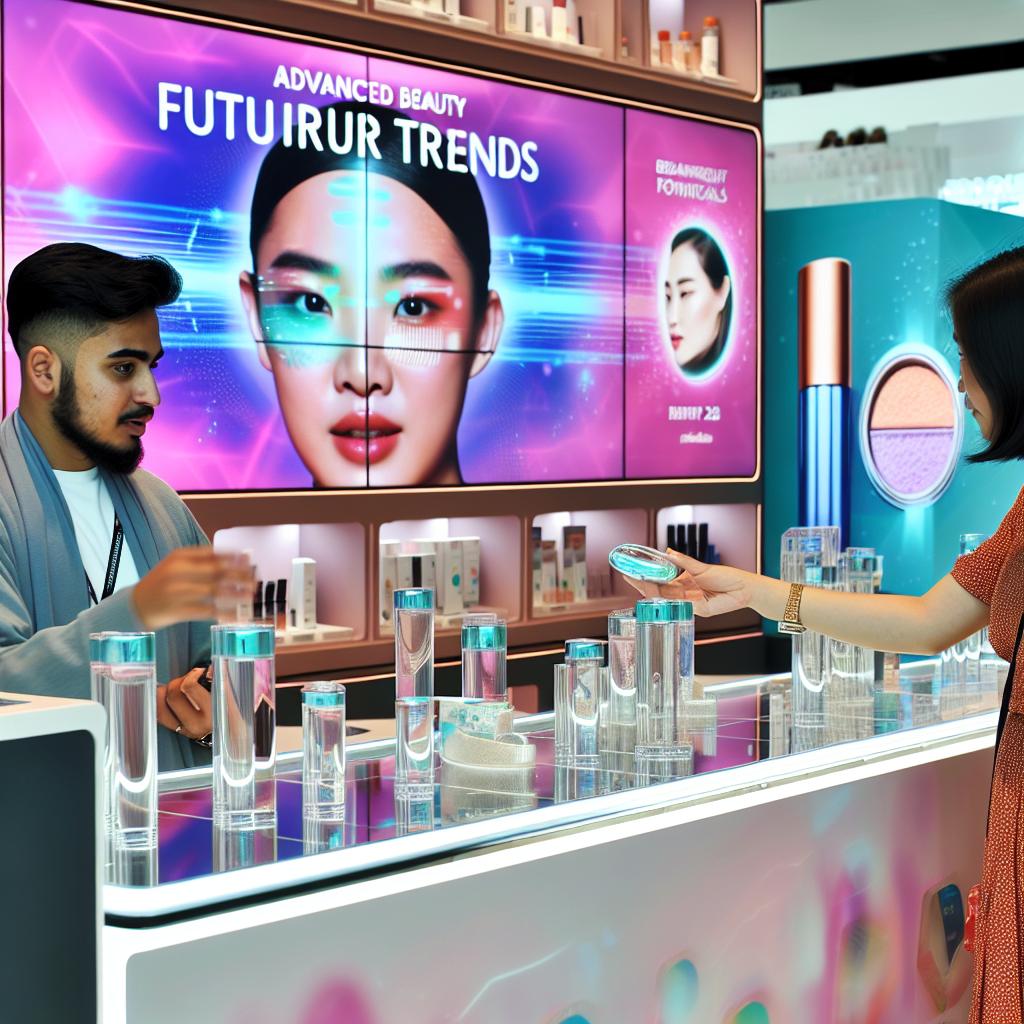 A futuristic beauty display showcasing innovative trends for 2024.