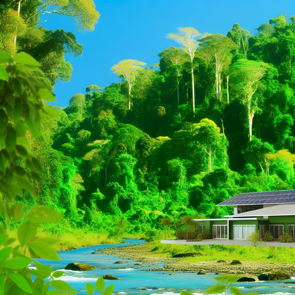A lush green forest with a variety of wildlife, a flowing river, and solar panels on the roof of a sustainable home.