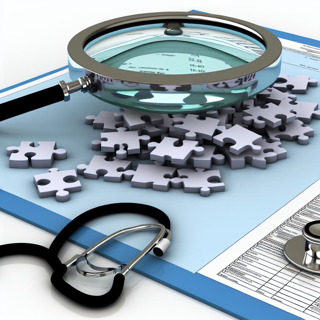 A magnifying glass hovering over a pile of puzzle pieces, with a stethoscope and a medical chart nearby.