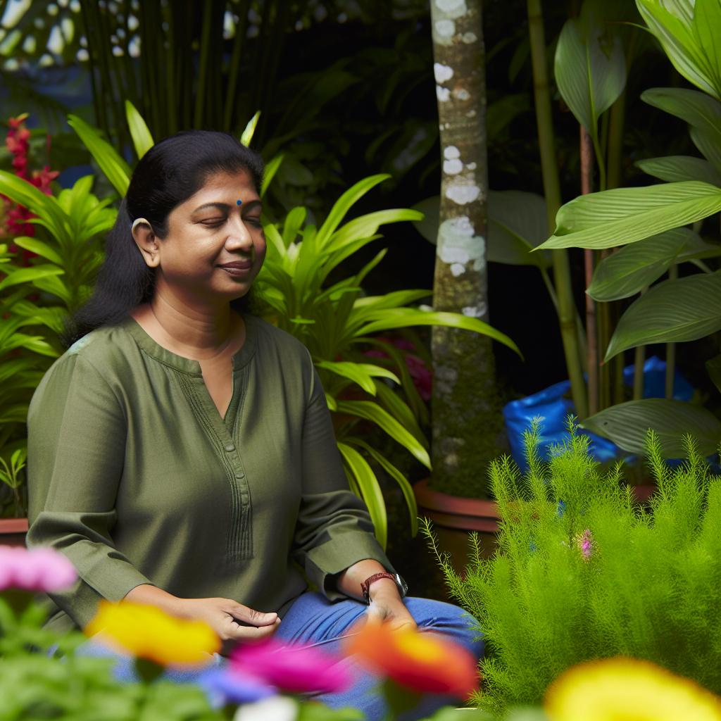 A person sitting in a peaceful garden, surrounded by lush greenery and colorful flowers, with a serene expression on their face as they practice mindfulness and relaxation techniques.