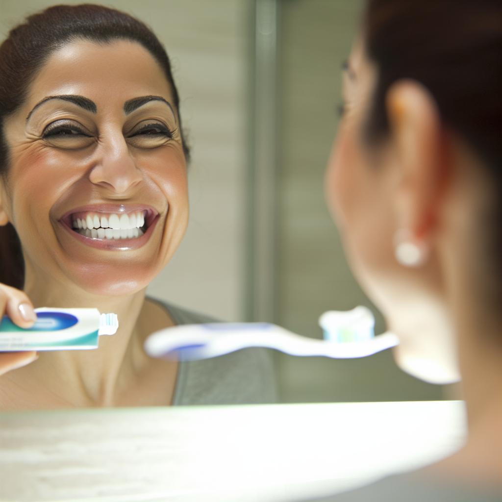 A person smiling brightly while brushing their teeth with a soft-bristled toothbrush and using sensitive toothpaste.