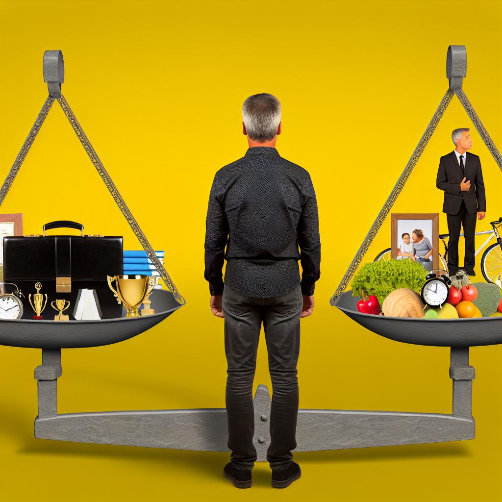 A person standing in a balance scale with one side representing professional achievements and the other side representing personal well-being.
