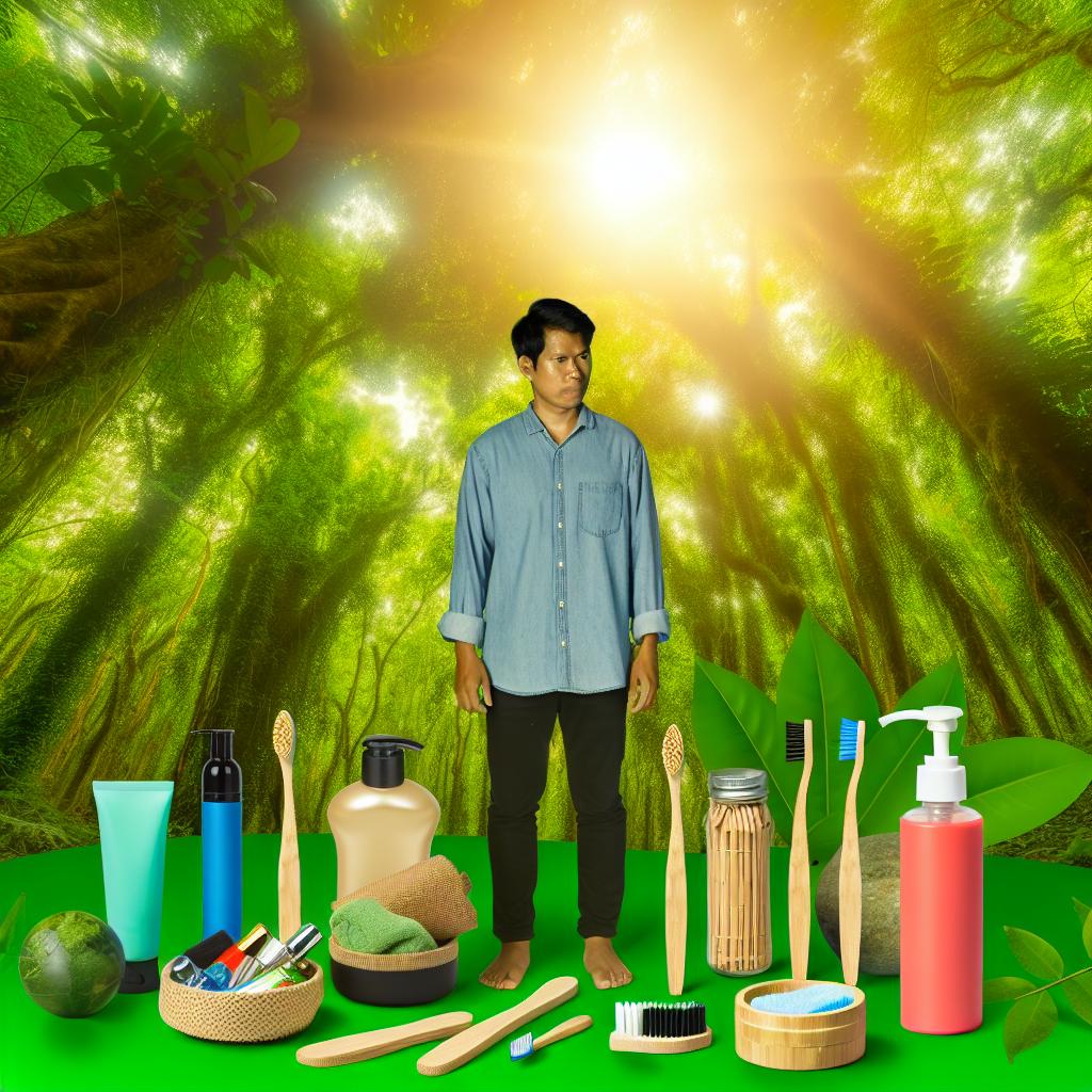 A person standing in a lush green forest, surrounded by sustainable personal care products like bamboo toothbrushes and refillable shampoo bottles. The sun is shining through the trees, casting a warm glow on the scene.
