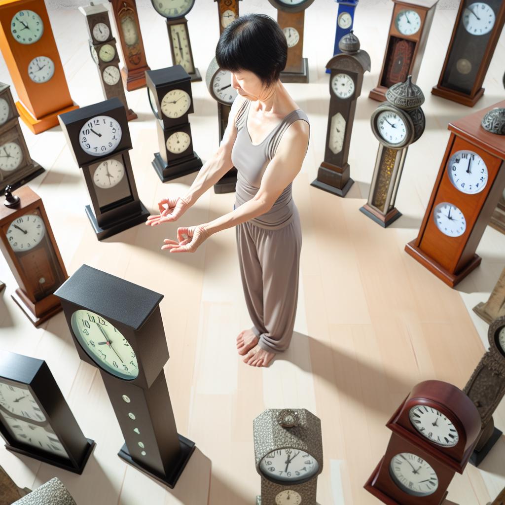 A person surrounded by clocks of different sizes, each showing a different time of day, engaged in various fitness activities.