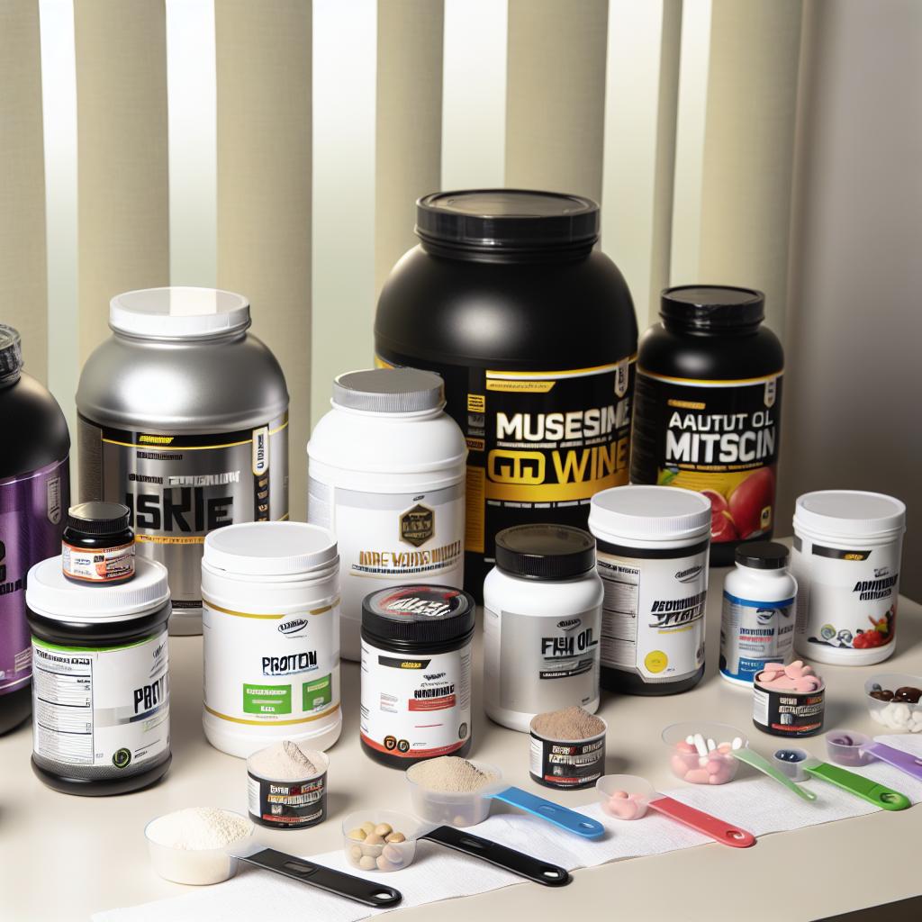 A photo of various fitness supplements arranged neatly on a table, with labels indicating their benefits for muscle growth.
