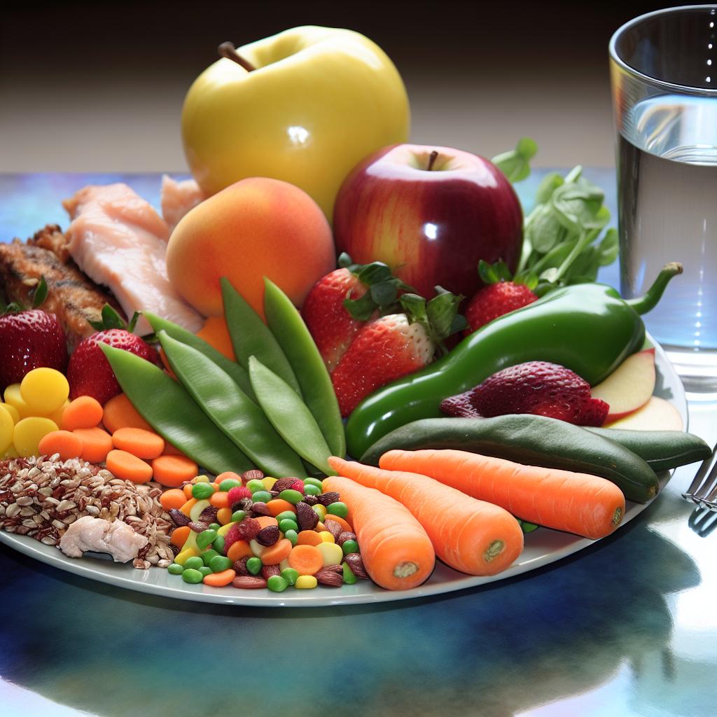 A plate filled with colorful fruits, vegetables, lean proteins, and whole grains, with a glass of water on the side.