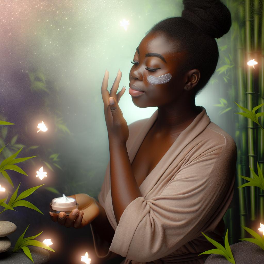 A serene and elegant woman applying skincare products to her face, surrounded by soft lighting and natural elements.