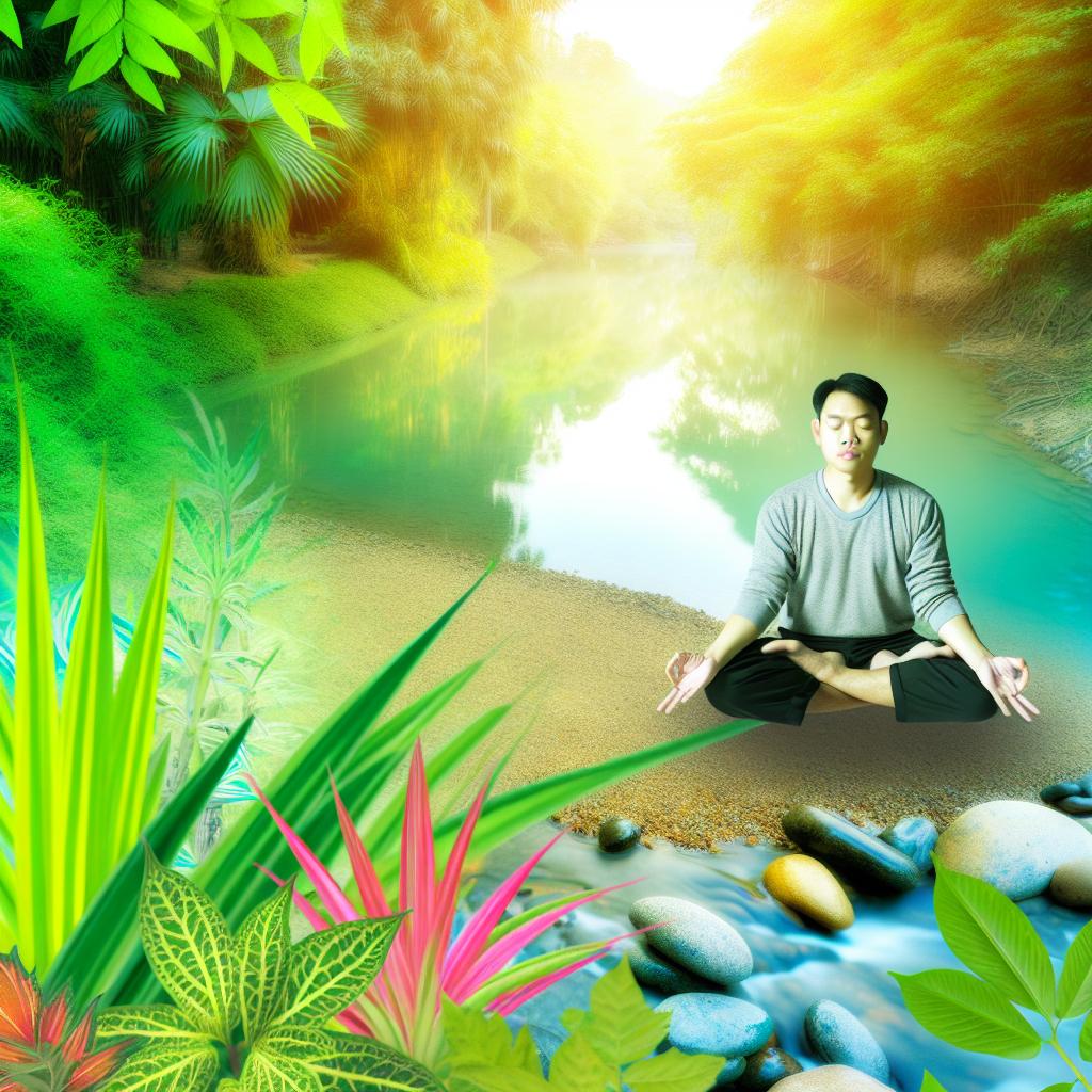 A serene image of a person meditating in a peaceful natural setting, surrounded by elements of nature such as plants, water, and sunlight.