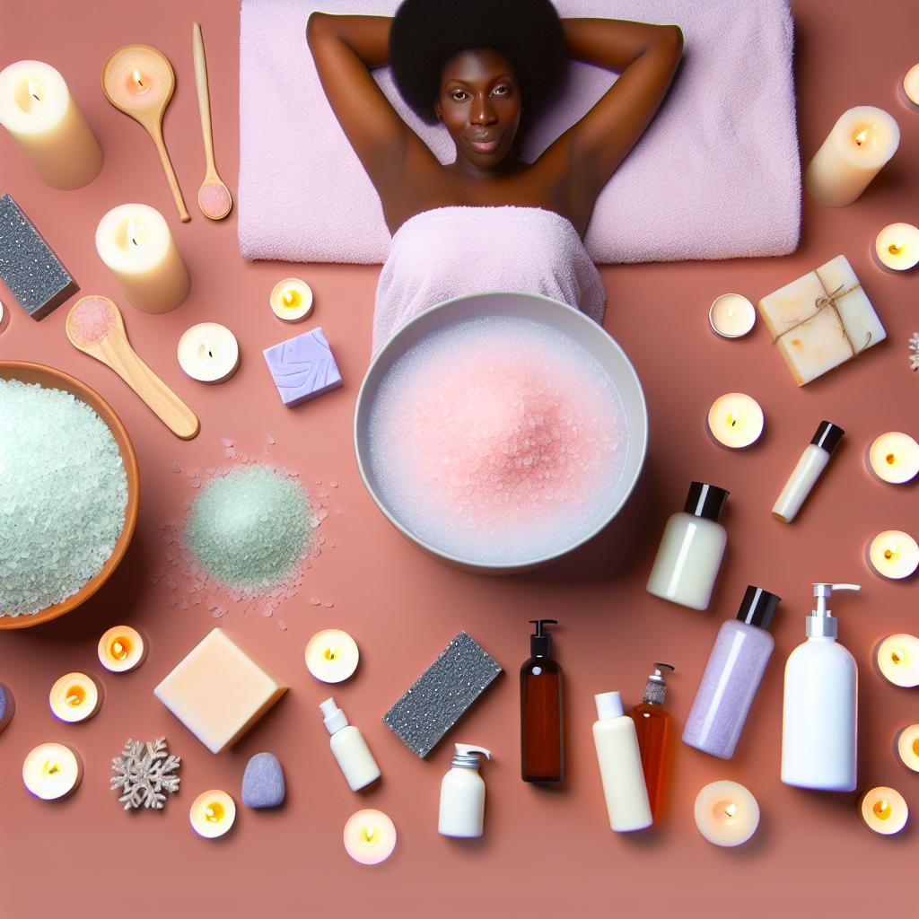 A serene image of a person surrounded by candles, bath salts, skincare products, and a fluffy towel, creating a calming and indulgent atmosphere.