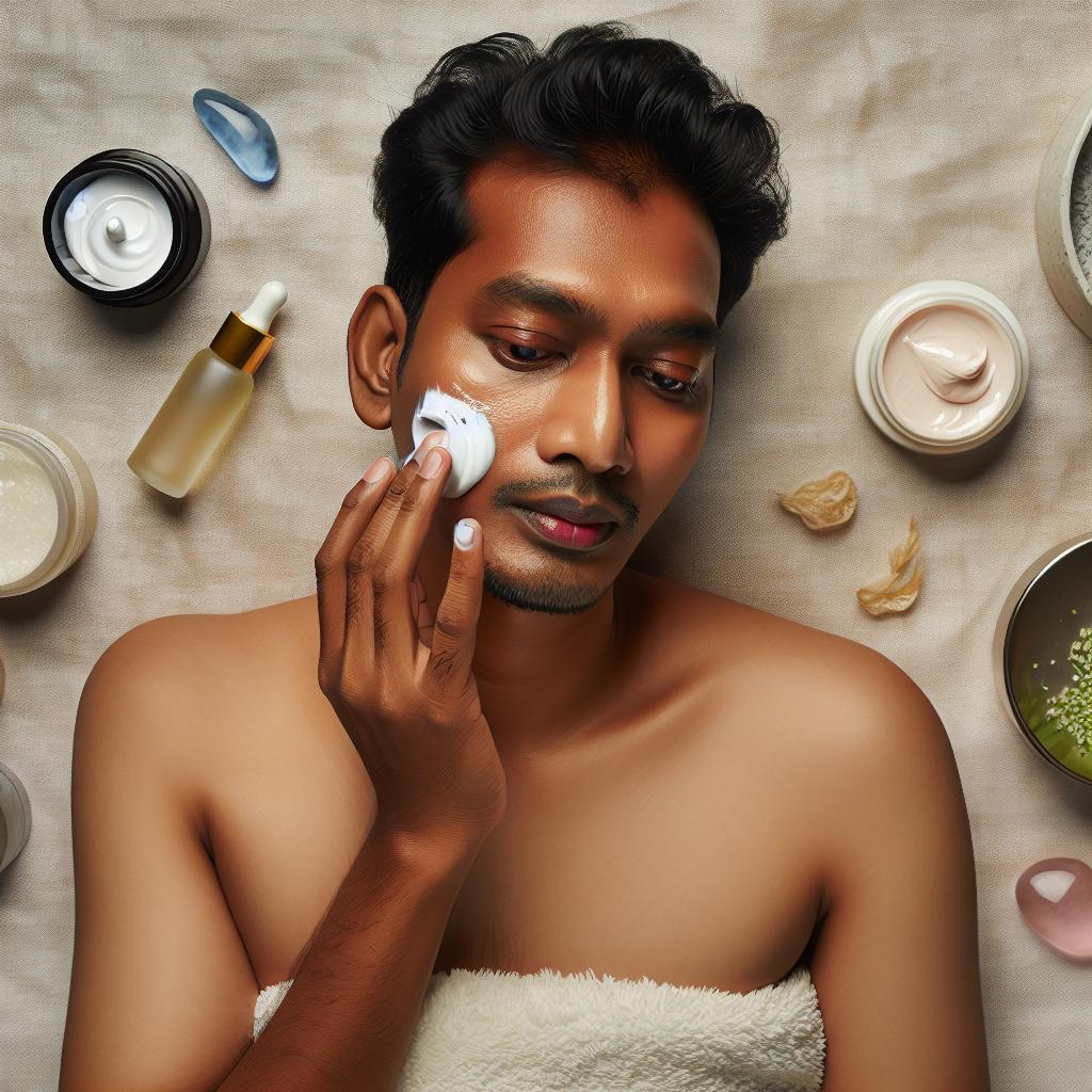 A serene image of a person with sensitive skin going through a routine of gentle skincare, surrounded by soothing products and soft textures.