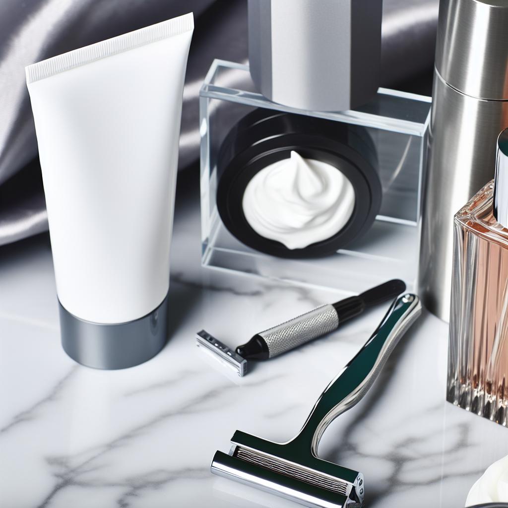 A sleek and modern grooming kit displayed on a marble countertop, featuring high-quality products like a razor, shaving cream, aftershave, and cologne.
