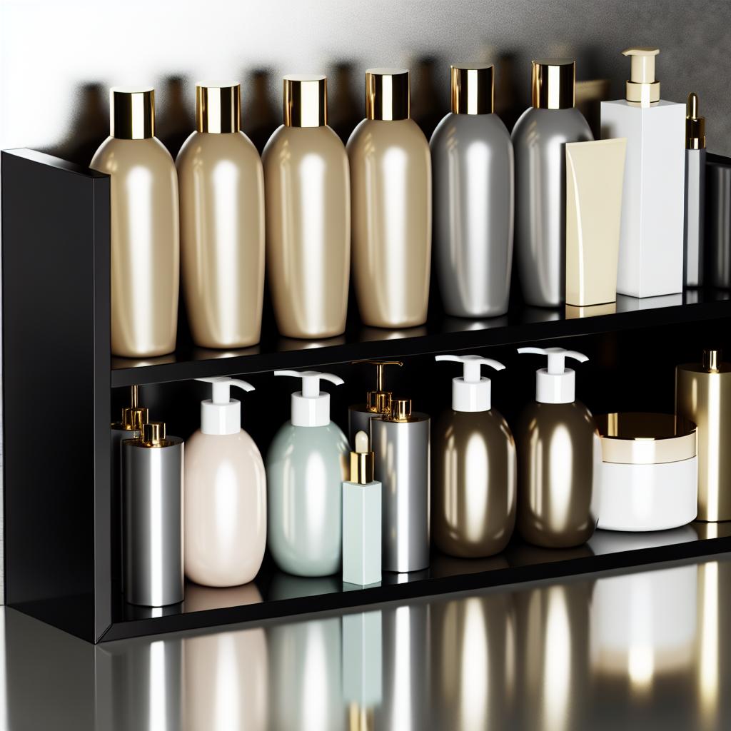 A variety of luxurious hair care products arranged on a sleek, modern shelf.