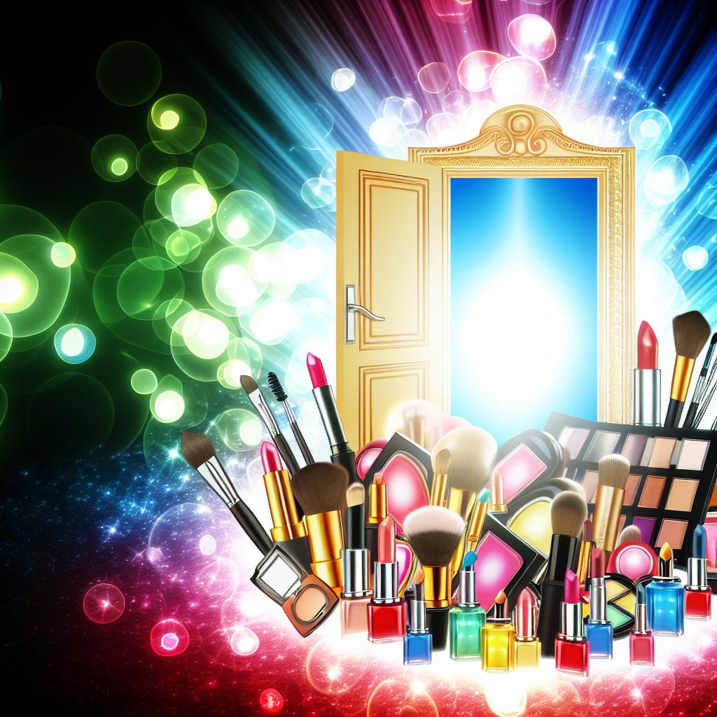 A vibrant image of a glowing door surrounded by beauty products from Ulta Beauty.