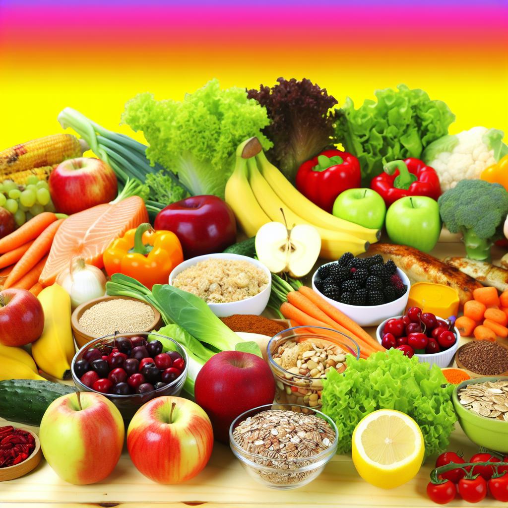 A vibrant image of a variety of colorful fruits, vegetables, whole grains, and lean proteins arranged on a table, with a bright background symbolizing energy and vitality.