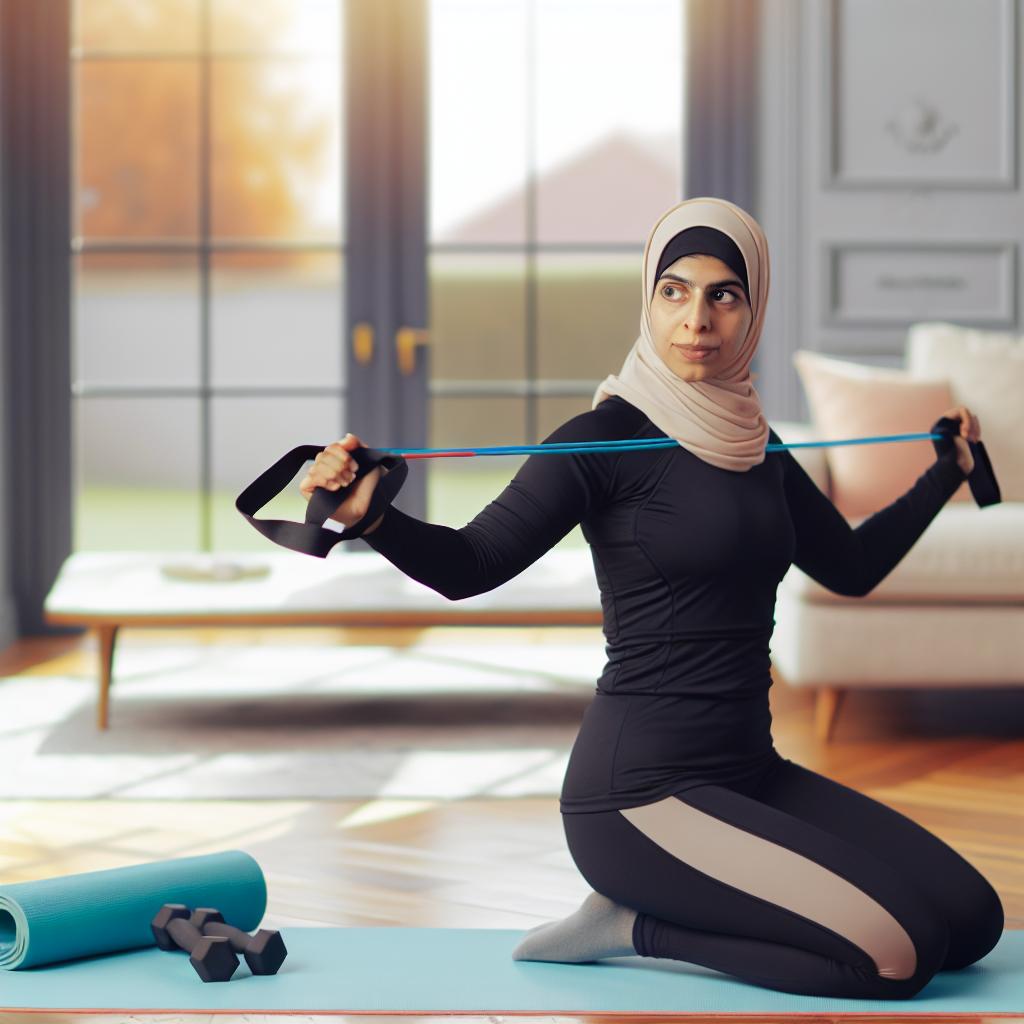 A woman in athletic wear is using resistance bands in a bright, airy living room with large windows. She is focused and determined, with a yoga mat nearby and a set of dumbbells in the background.