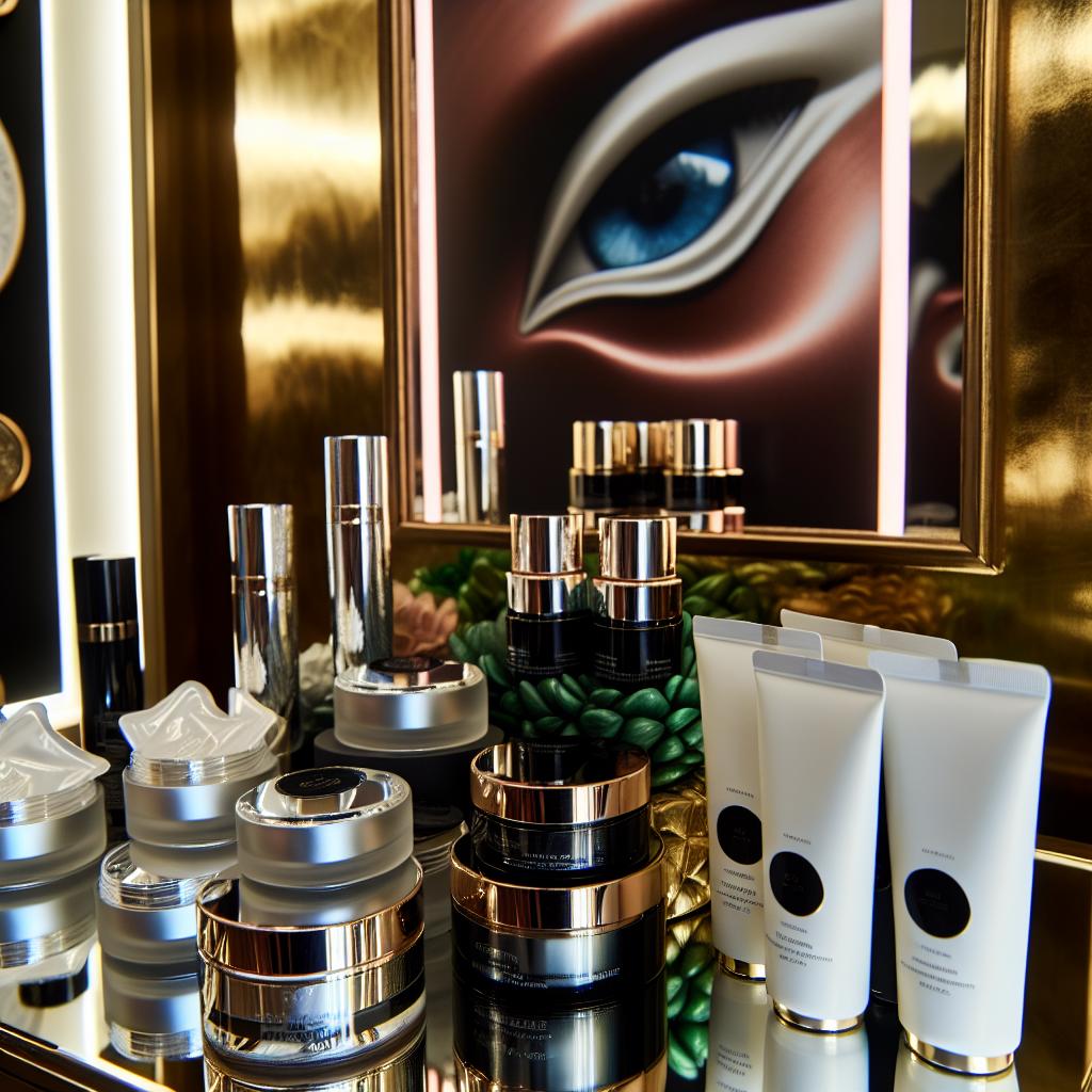 An array of luxurious beauty products laid out on a vanity, including eye creams, serums, and cooling eye masks.