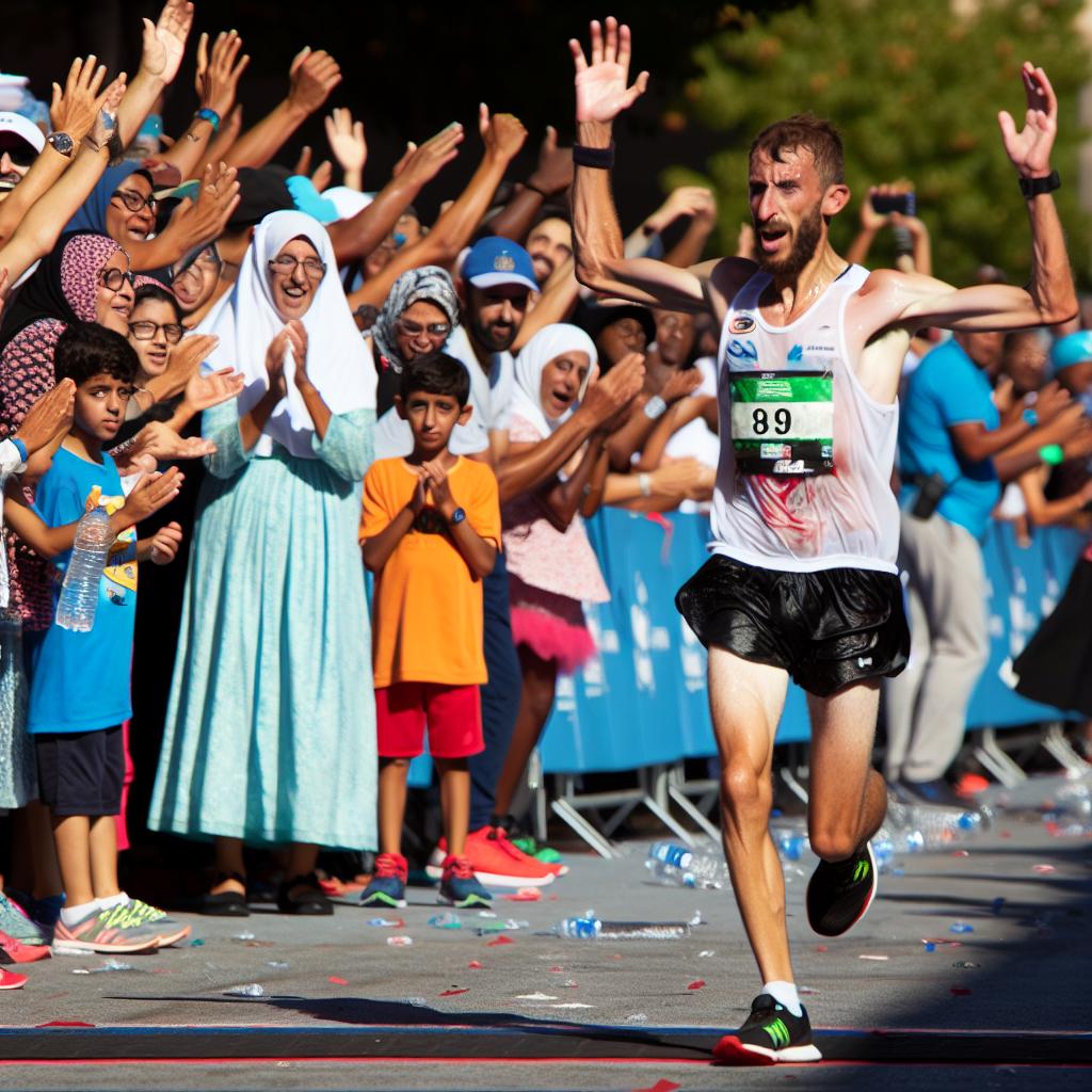 An athlete crossing the finish line of a marathon, arms raised in victory, with a crowd of spectators cheering in the background.