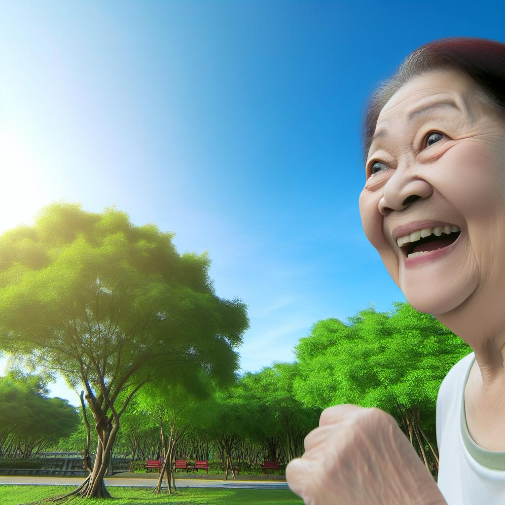 An elderly person jogging in a park surrounded by green trees and a clear blue sky, with a smile on their face.